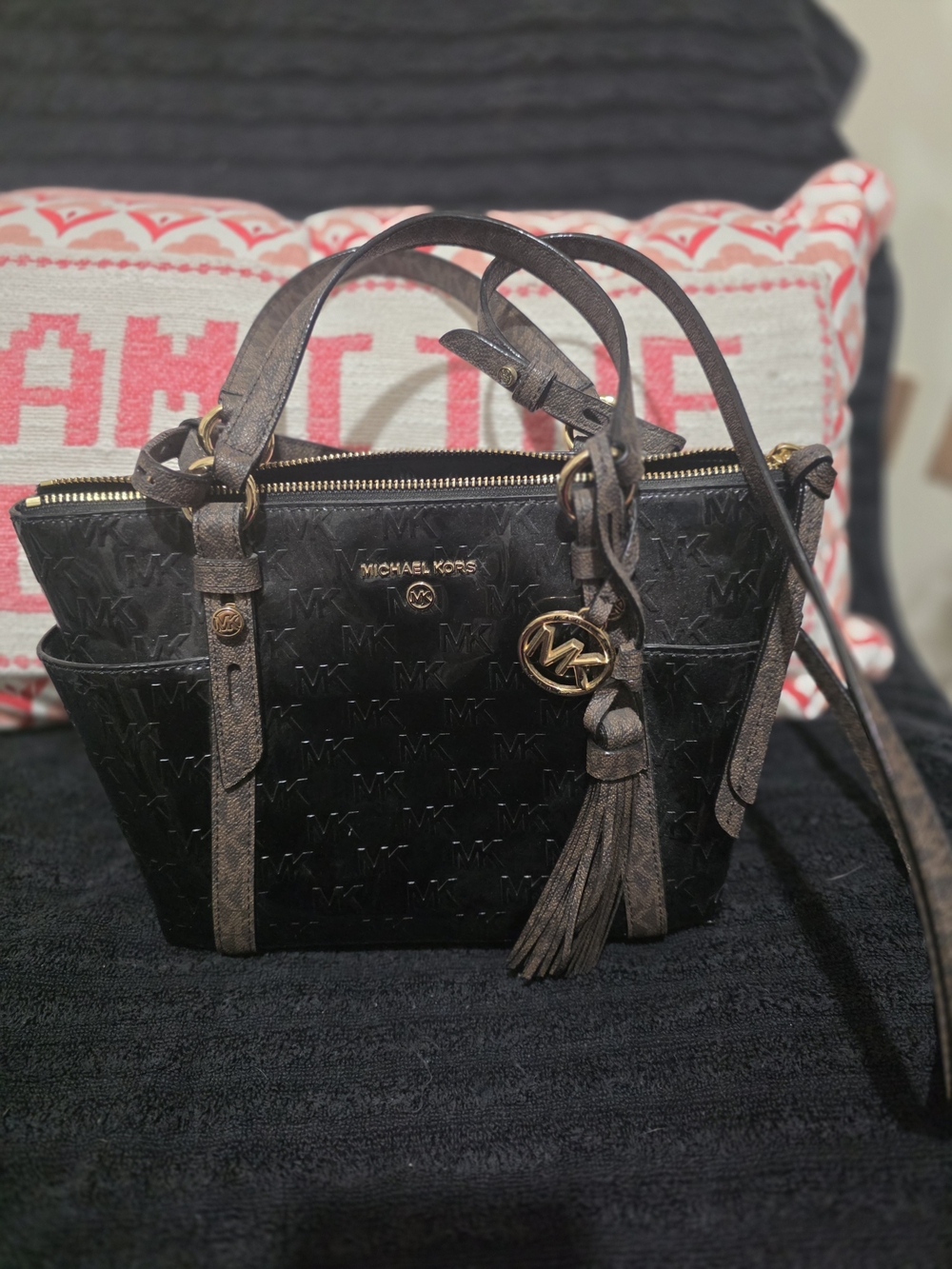 Michael Kors Black Embossed MK Satchel with Gold Accents